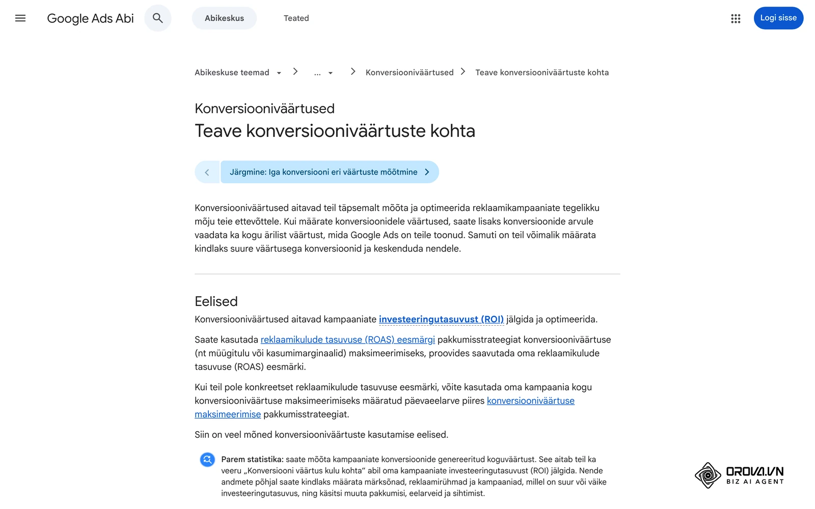 Google Ads Abi eesti keeles: konversiooniväärtused, ilma milleta ROAS-i ei saa arvutada.