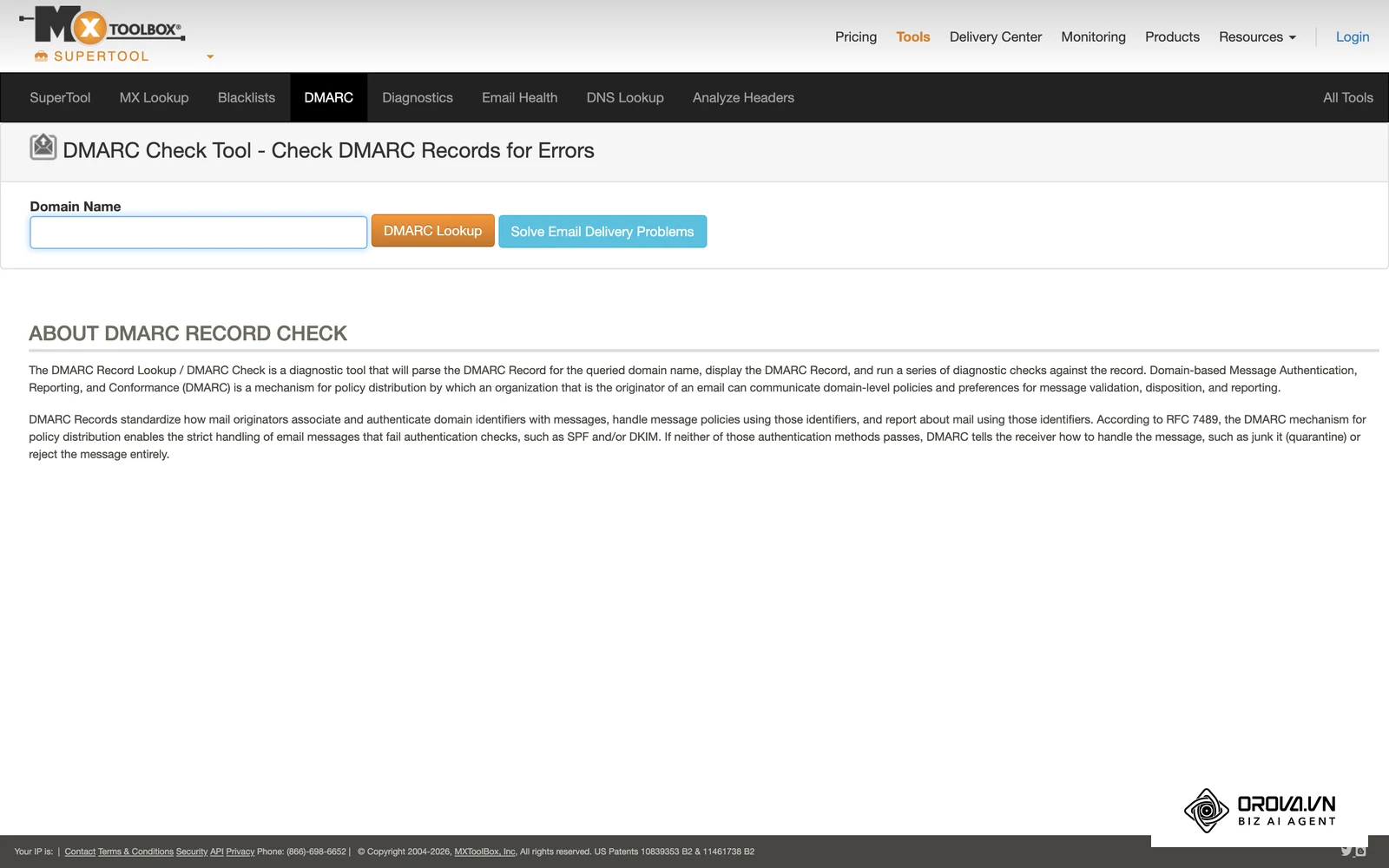 MXToolbox DMARC Lookup, ett kostnadsfritt verktyg där du slår upp domänens DMARC-post innan första utskicket.