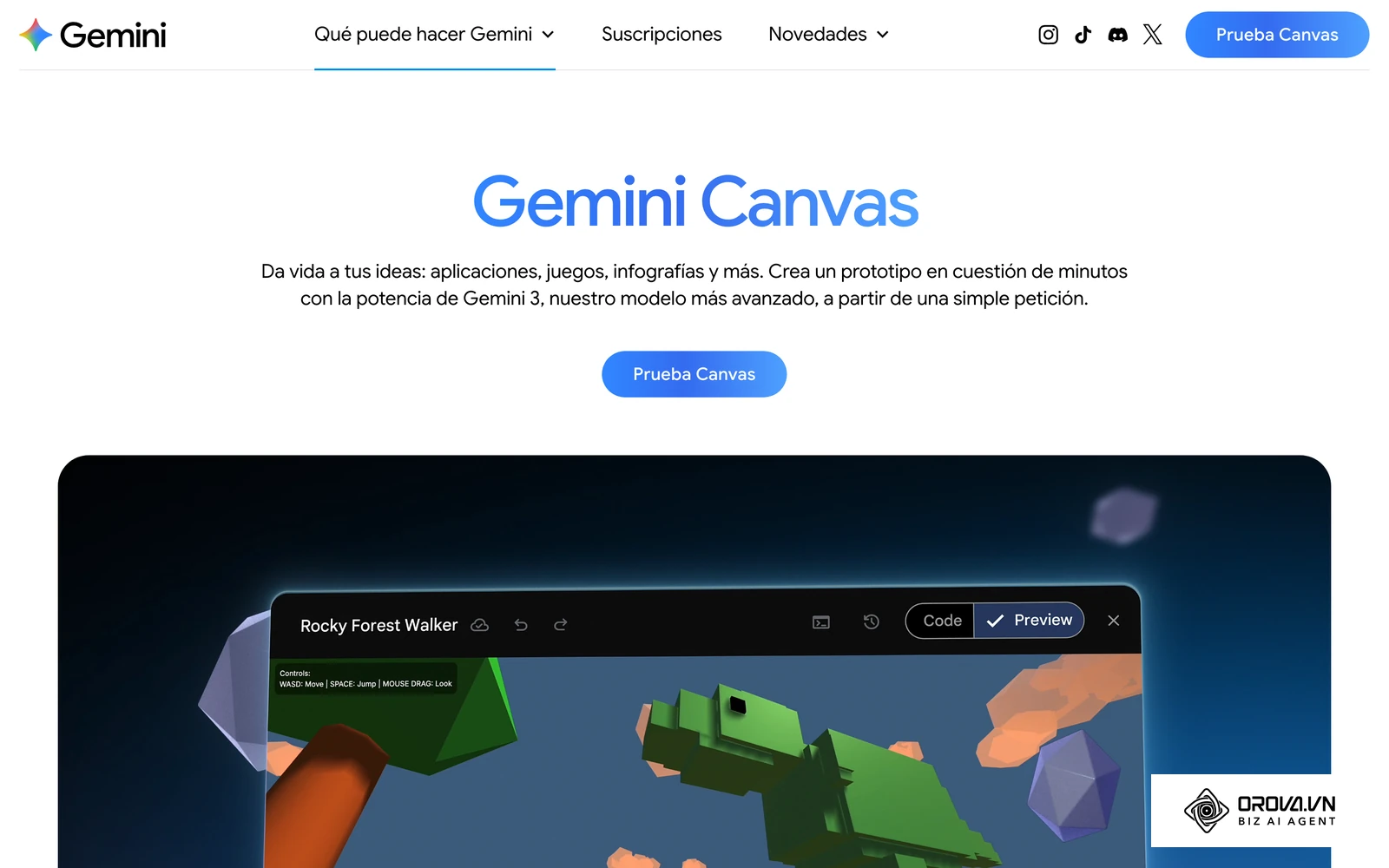 Página oficial de Google que muestra Canvas en Gemini, el espacio de edición de documentos dentro del asistente.