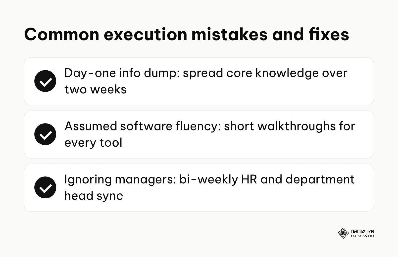 A checklist of three common new hire training mistakes and how to avoid each one.