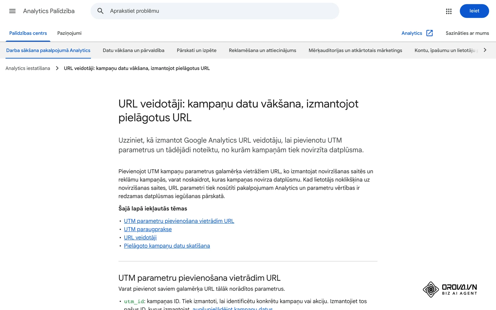 Google Analytics palīdzības raksts latviski par kampaņu datu vākšanu ar pielāgotiem URL un UTM parametriem.