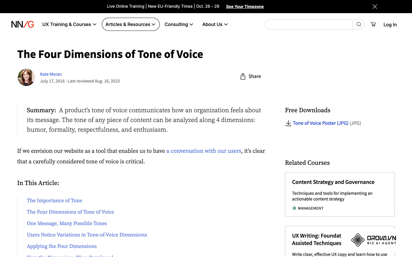 Les 4 dimensions du ton de la voix selon Nielsen Norman Group, une référence pour calibrer votre contenu.