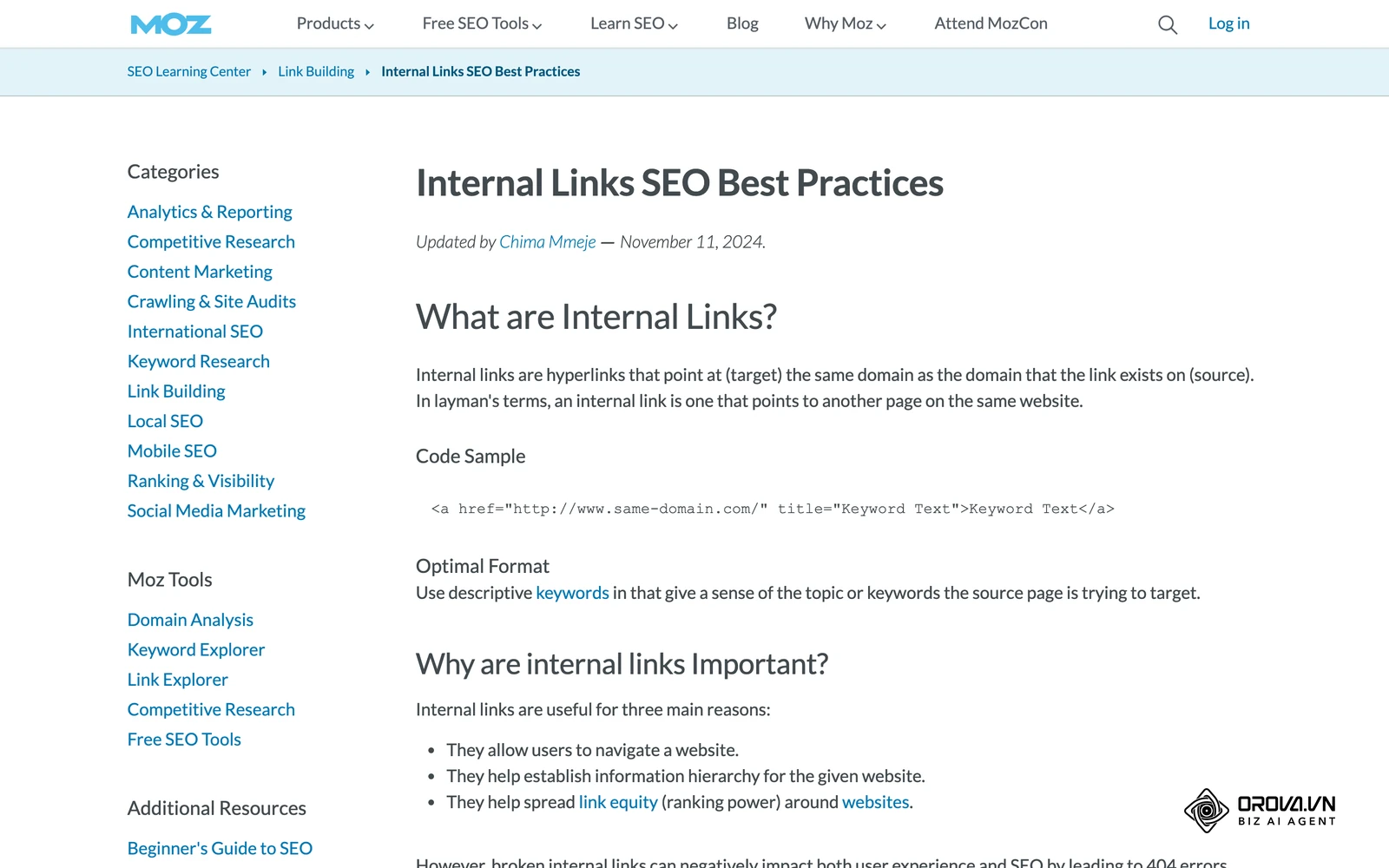 Trang học SEO của Moz giải thích liên kết nội bộ và cách dùng để nối các trang cùng chủ đề.