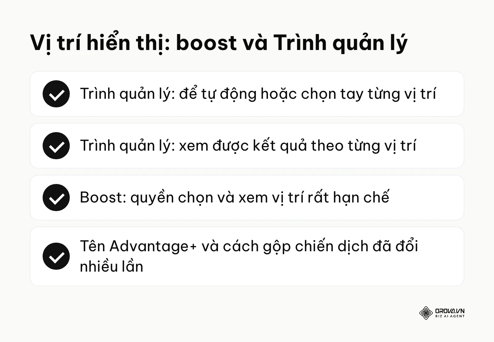 Tóm tắt khác biệt về vị trí hiển thị giữa boost post và Trình quản lý quảng cáo