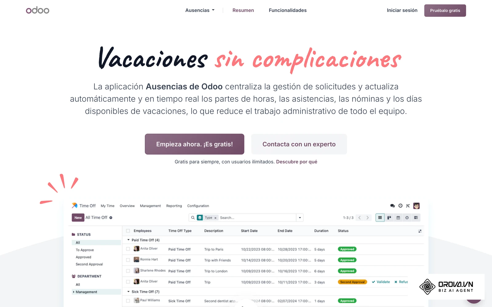 Página oficial de la app Ausencias de Odoo: así se gestionan vacaciones y permisos de la plantilla desde el área de personas.