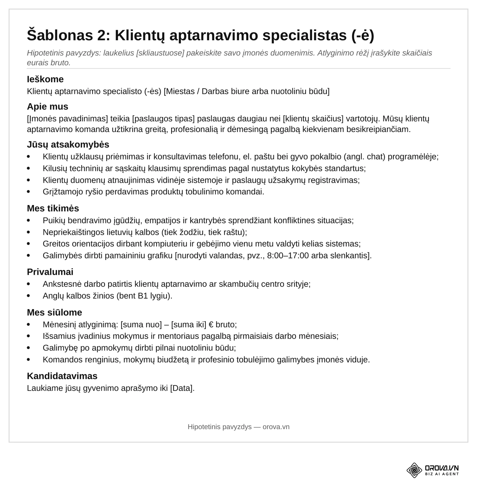 3-iasis atsisiunčiamo Word failo puslapis: Šablonas 2 – Klientų aptarnavimo specialistas (-ė) su atsakomybėmis, būtinais reikalavimais, privalumais ir naudomis.