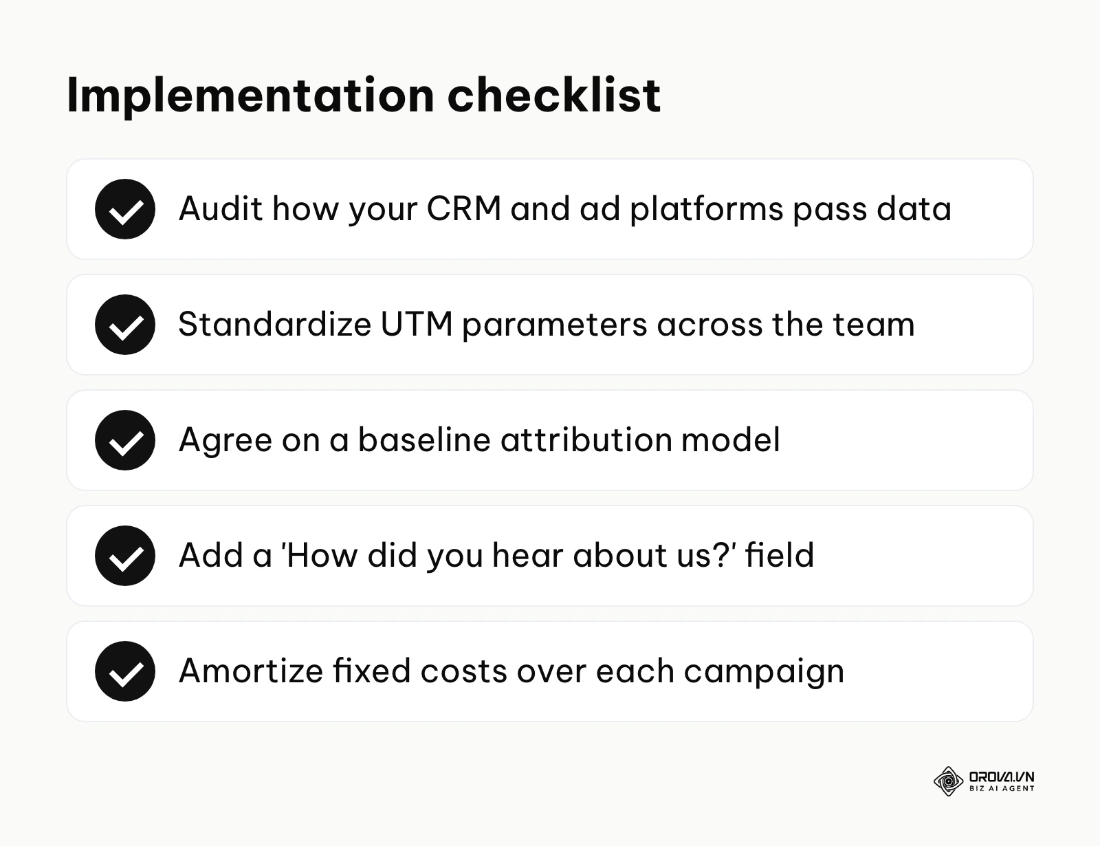 Checklist of first steps toward advanced marketing ROI measurement.