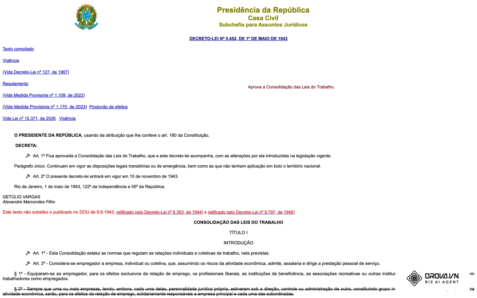 Página da CLT (Decreto-Lei nº 5.452/1943) no portal planalto.gov.br, com o texto compilado onde estão os arts. 373-A e 442-A.