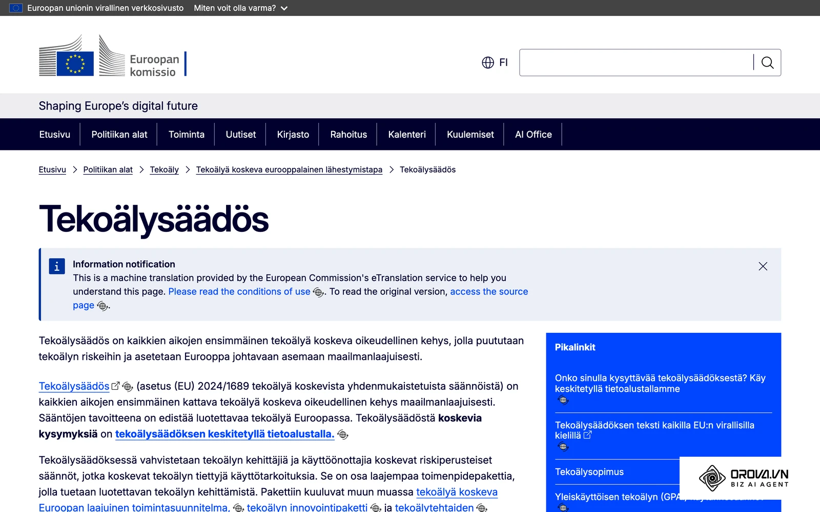 Euroopan komission sivu tekoälyasetuksesta, joka luokittelee rekrytoinnissa käytettävät tekoälyjärjestelmät korkean riskin järjestelmiksi.