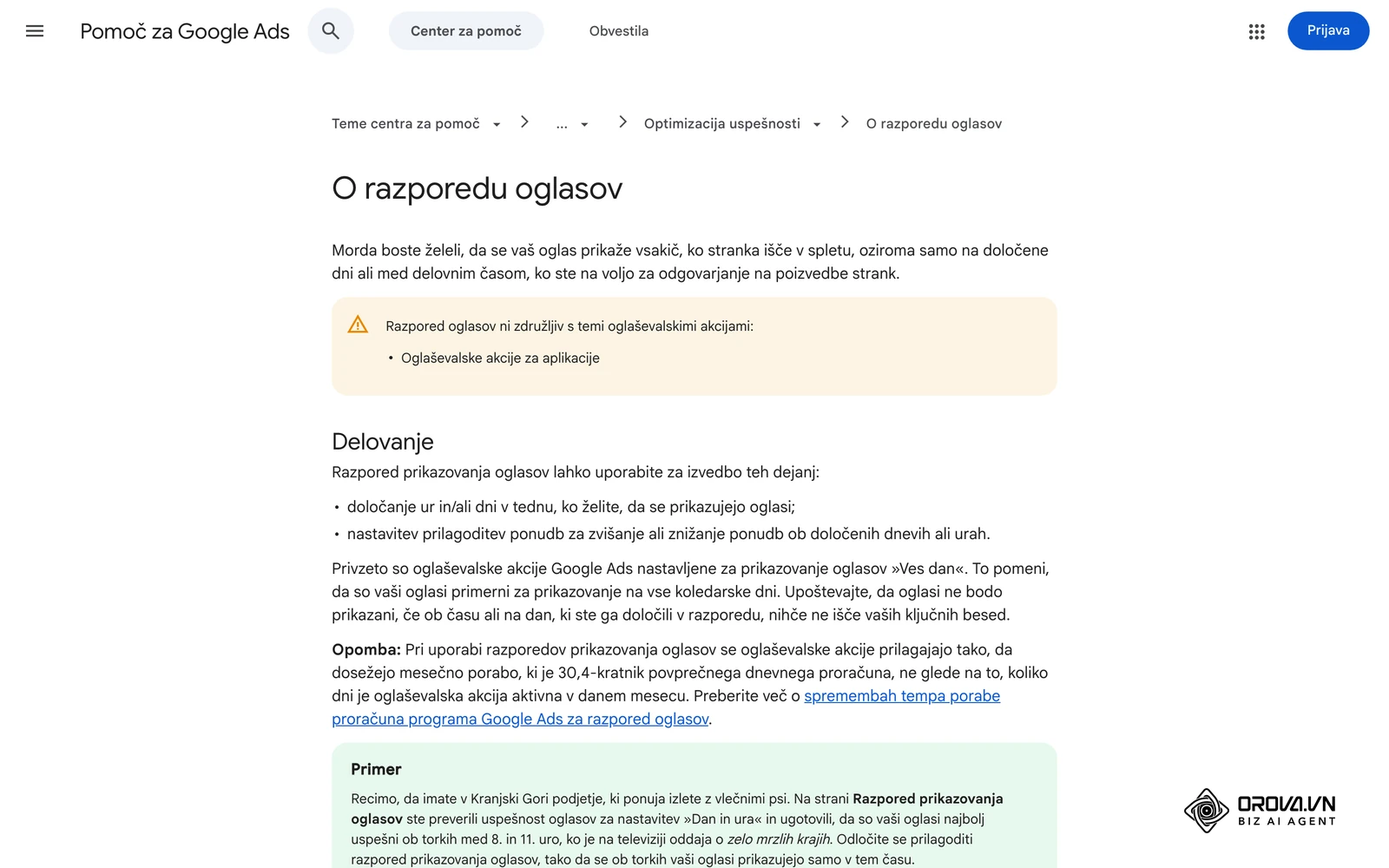 Center za pomoč Google Ads, članek o razporedu oglasov: določanje dni in ur prikaza ter prilagoditev ponudb za izbrane ure.
