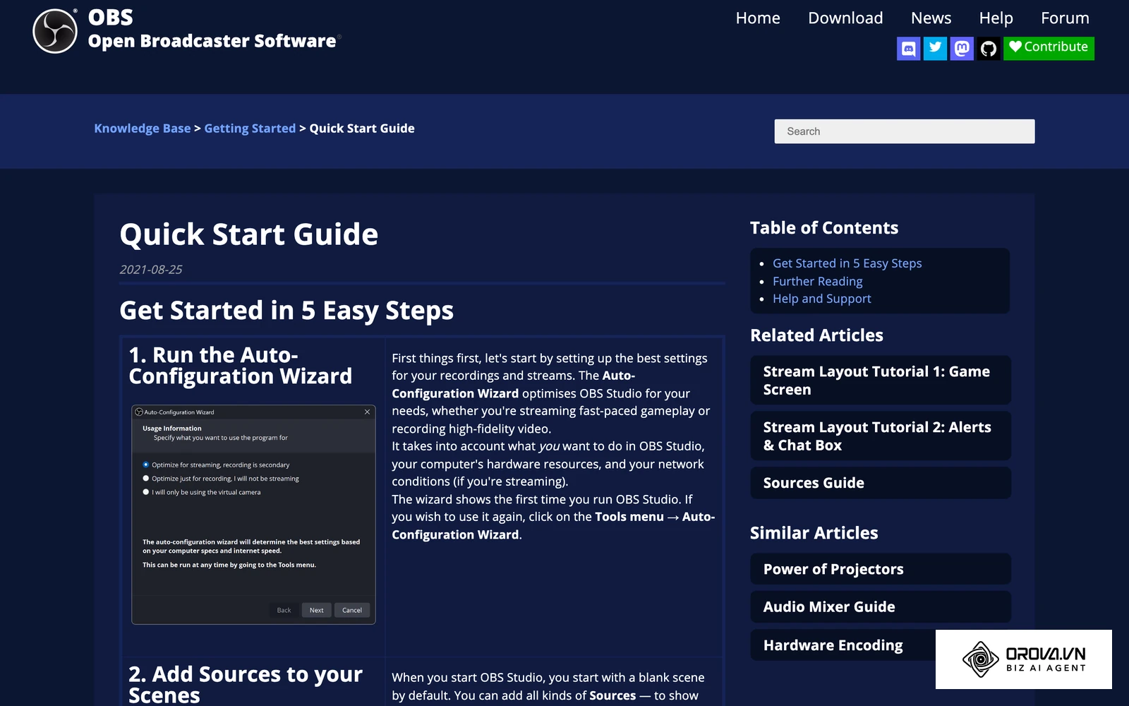 OBS Studio's quick start guide, a common example of streaming software that sends a live feed to a platform with a stream key.