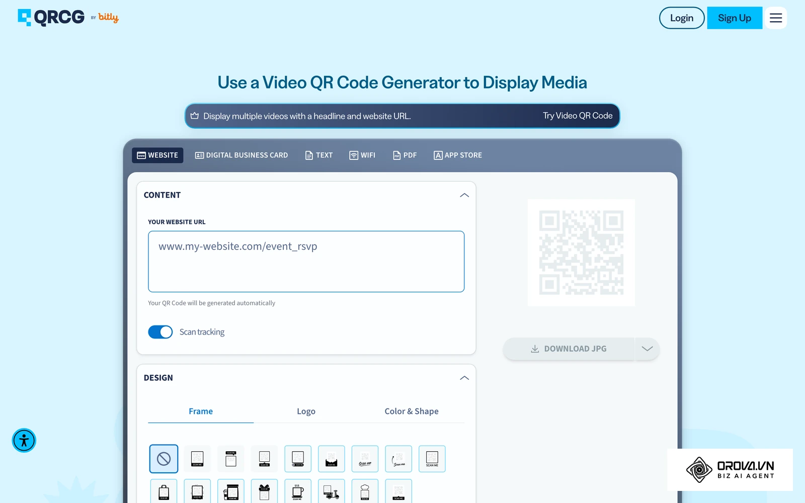 หน้าบริการคิวอาร์โค้ดวิดีโอของ QR Code Generator แสดงตัวอย่างคิวอาร์โค้ดที่สแกนแล้วเปิดหน้าวิดีโอบนมือถือ