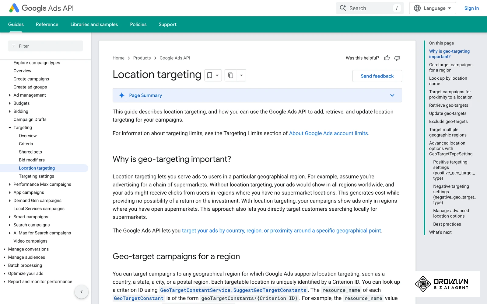 Google's developer documentation on location targeting, the setting behind the "presence" versus "presence or interest" choice.