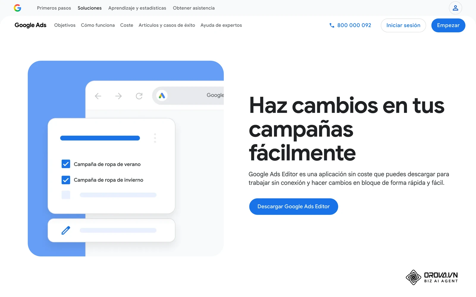 Página oficial de Google Ads Editor, la herramienta de Google para editar campañas y listas en bloque.