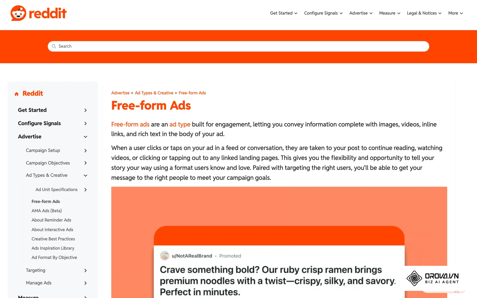 A promoted free-form ad as it appears on Reddit, shown in Reddit's official Ads help center (sample brand u/NotARealBrand).