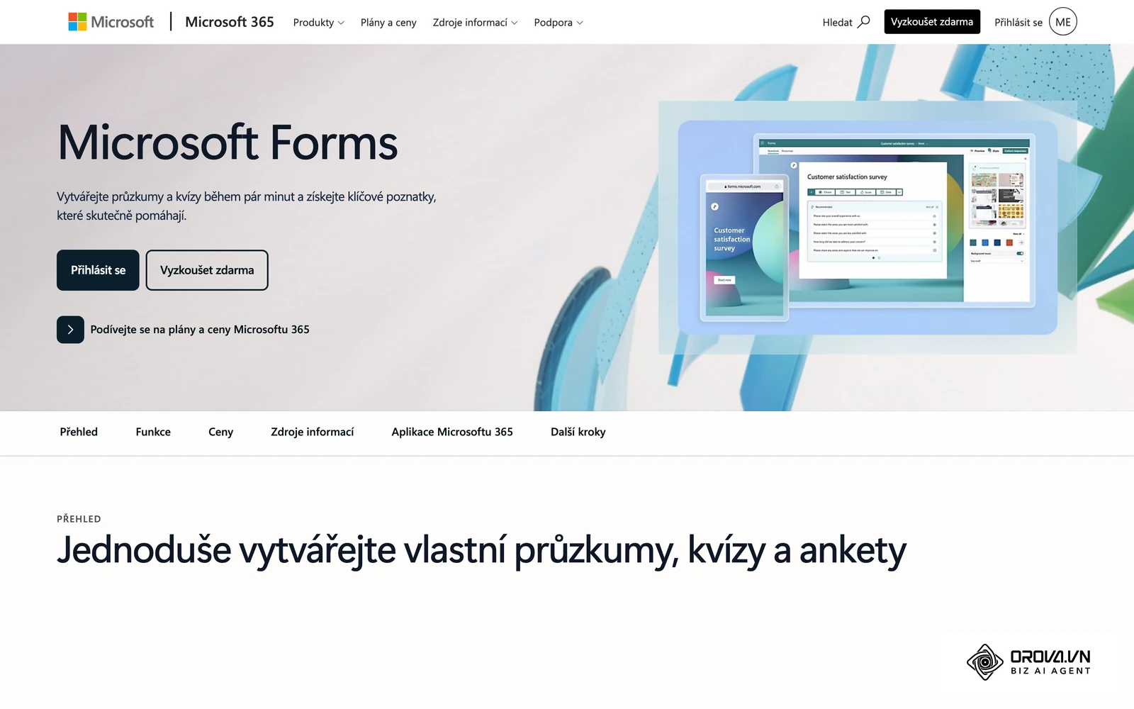 Oficiální stránka Microsoft Forms s ukázkou rozhraní pro tvorbu kvízů, anket a formulářů.
