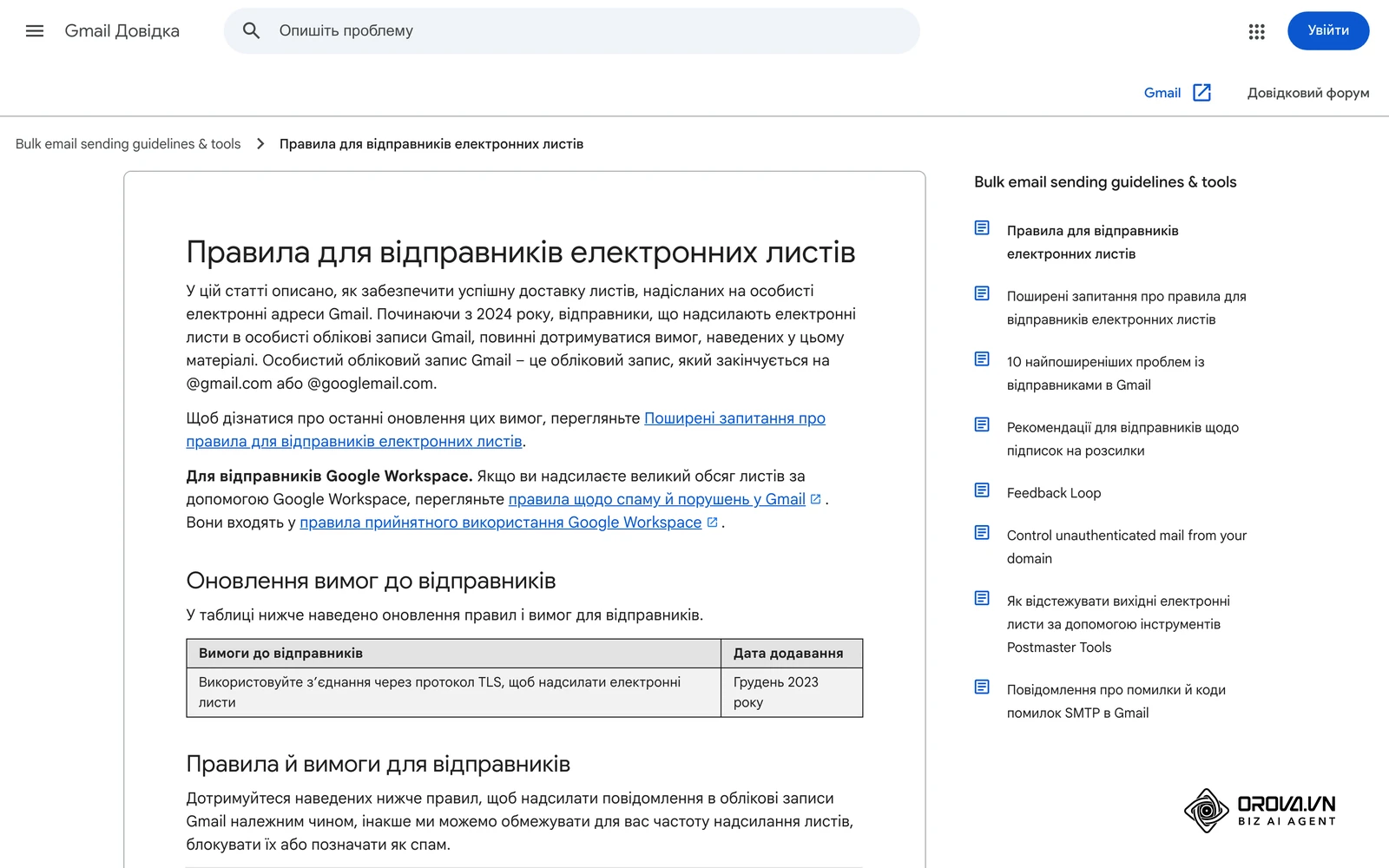 Сторінка Gmail Довідки «Правила для відправників електронних листів» з вимогами Google до відправників.
