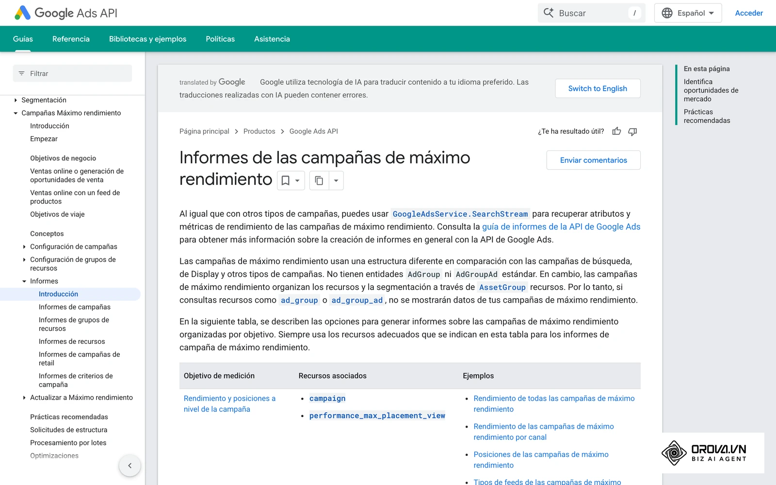 Documentación oficial de Google sobre los informes de las campañas de máximo rendimiento.