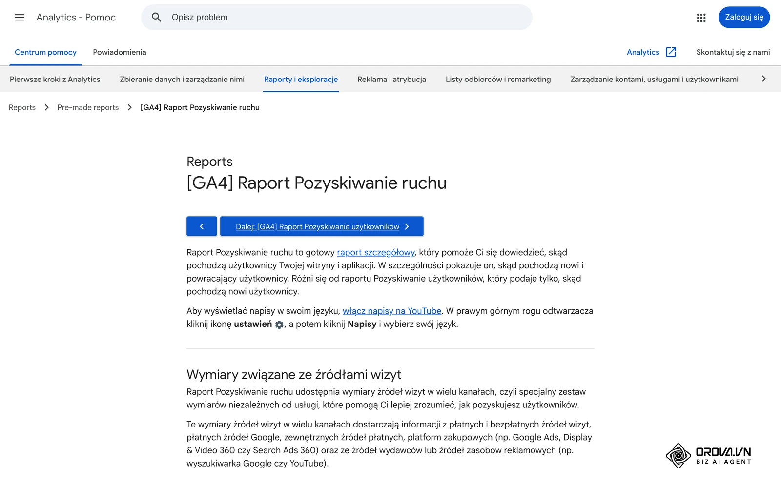 Centrum pomocy Google Analytics: opis raportu Pozyskiwanie ruchu (Traffic acquisition) w GA4.