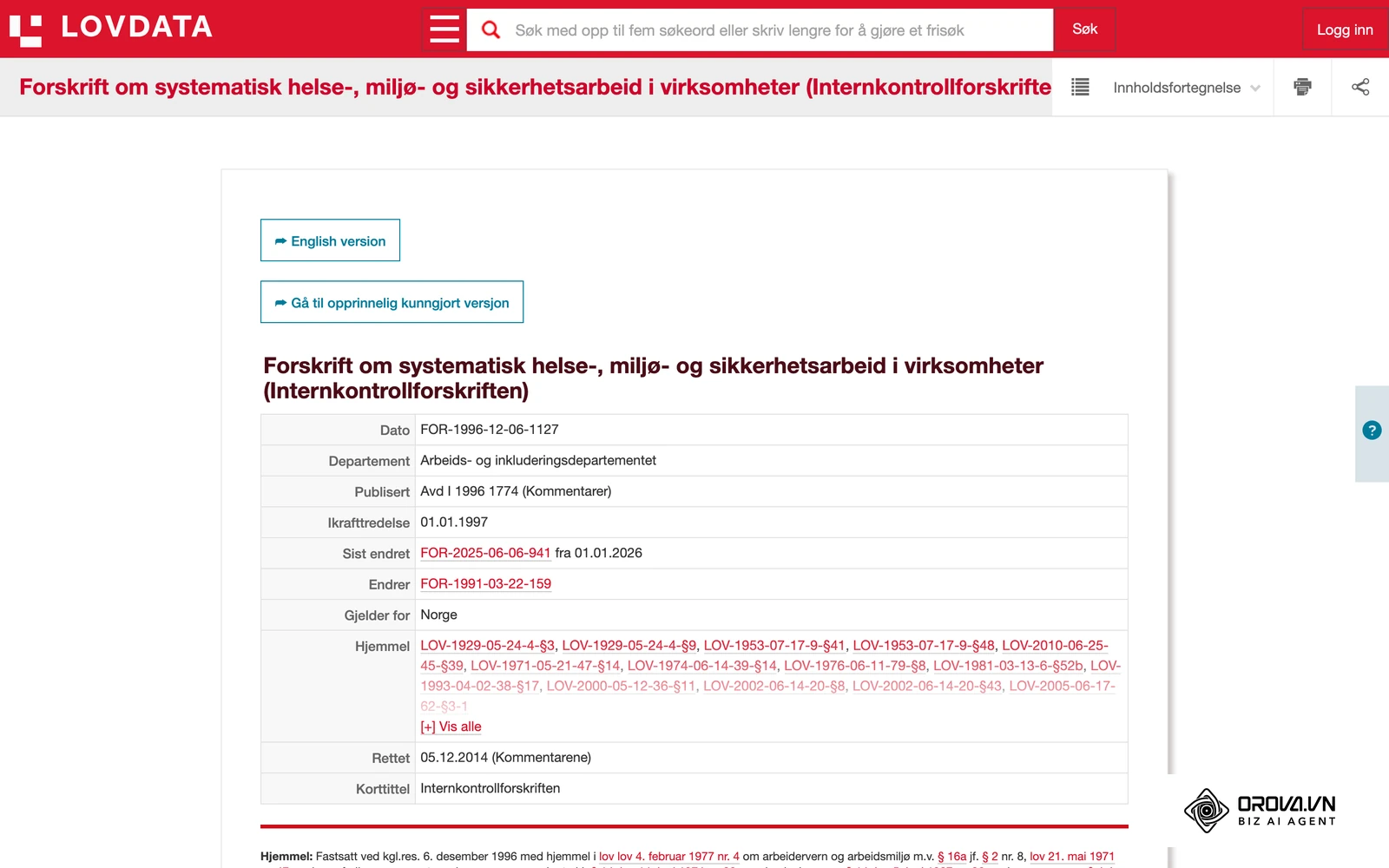 Internkontrollforskriften på lovdata.no, som beskriver kravene til systematisk helse-, miljø- og sikkerhetsarbeid i virksomheten.