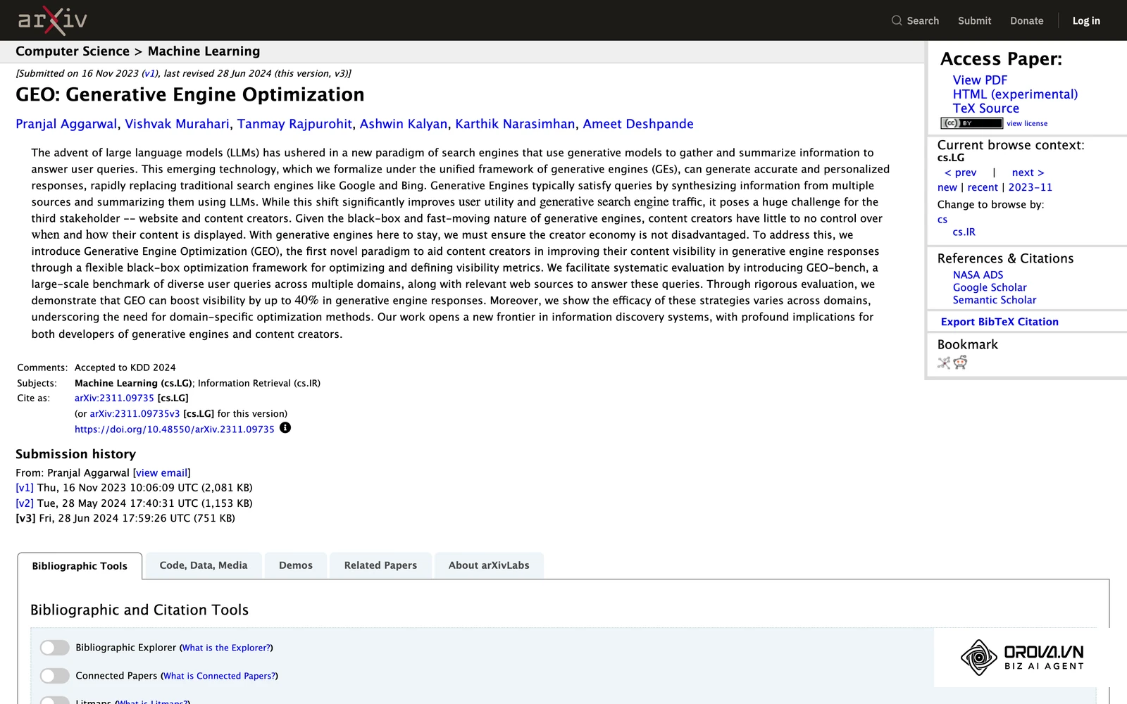 The 2023 research paper "GEO: Generative Engine Optimization" on arXiv, which helped popularize the term.
