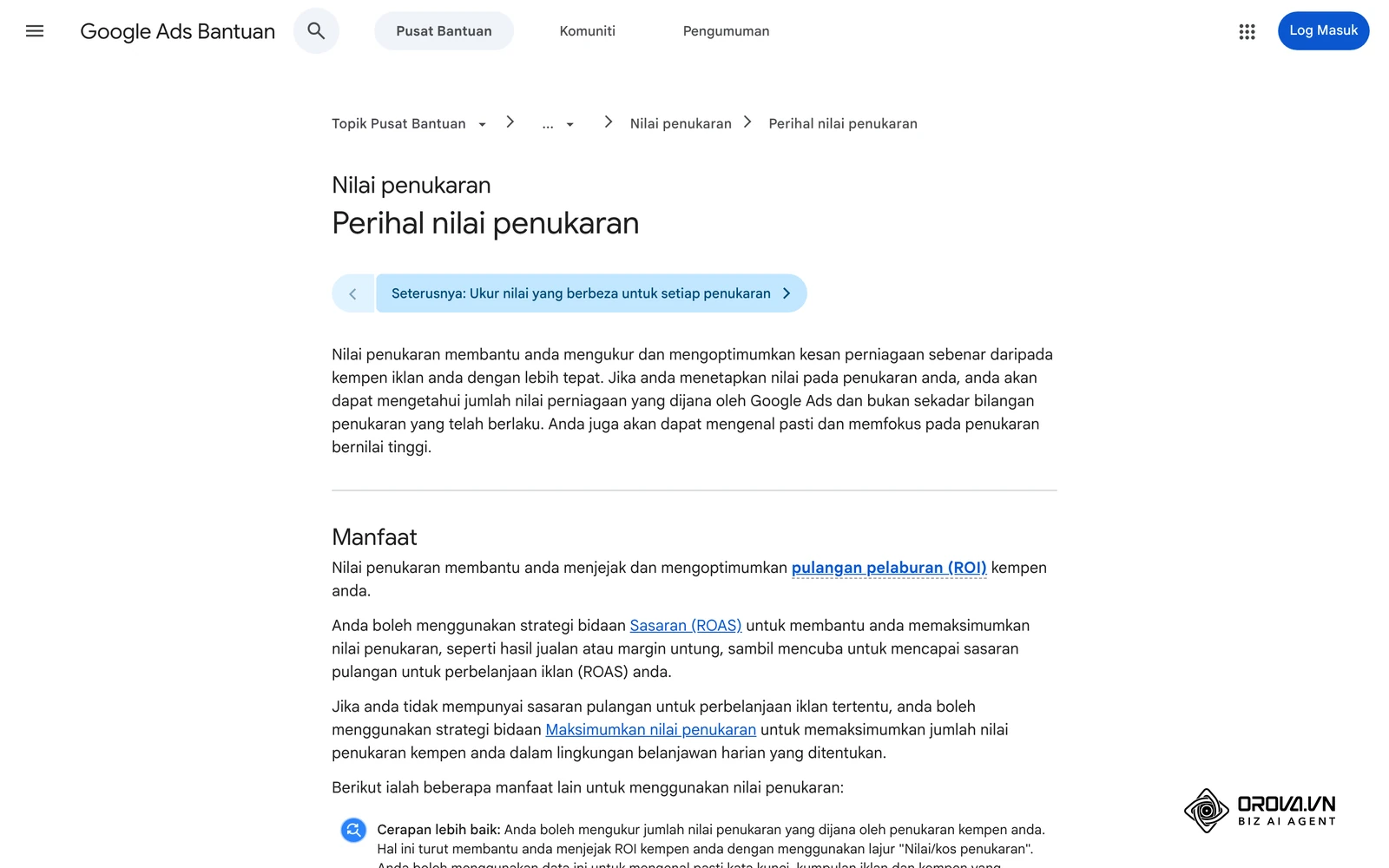 Bantuan Google Ads bahasa Melayu: nilai penukaran, data yang mesti ada supaya ROAS boleh dikira.