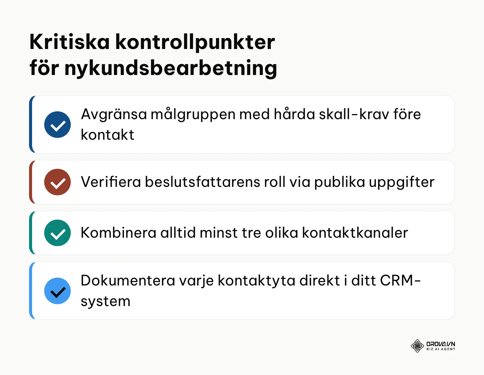 Sammanfattande kontrollista över viktiga åtgärder vid nykundsbearbetning.