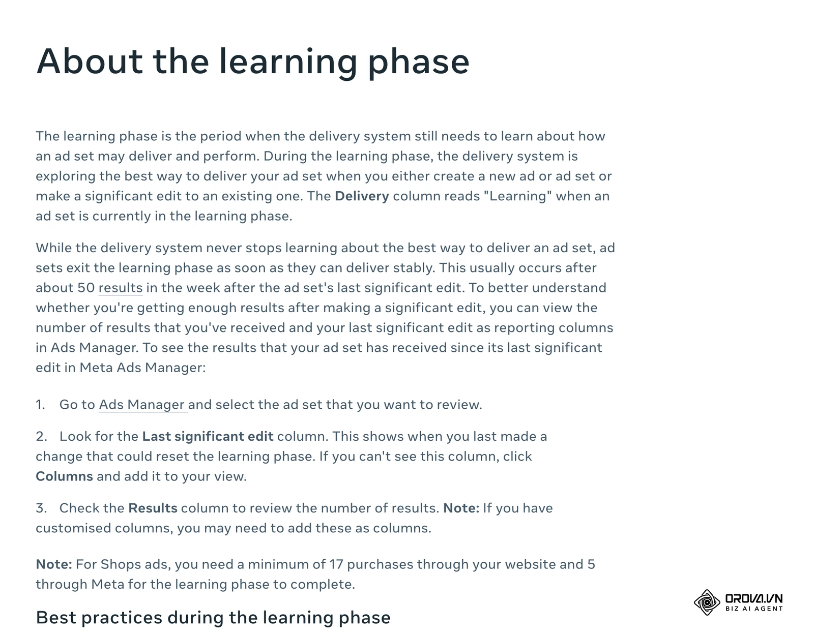 Center za pomoč Meta (angleško): »About the learning phase« – oznaka Learning v stolpcu Delivery in približno 50 rezultatov v tednu po zadnji večji spremembi.