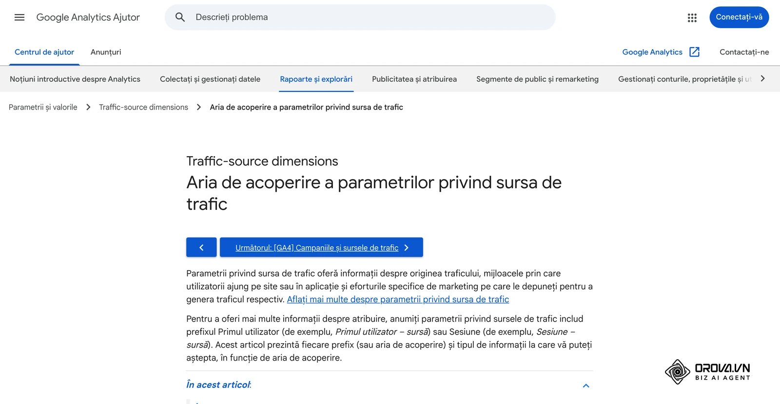 Pagina de ajutor Google Analytics despre aria de acoperire a parametrilor privind sursa de trafic, unde ajung valorile din UTM.