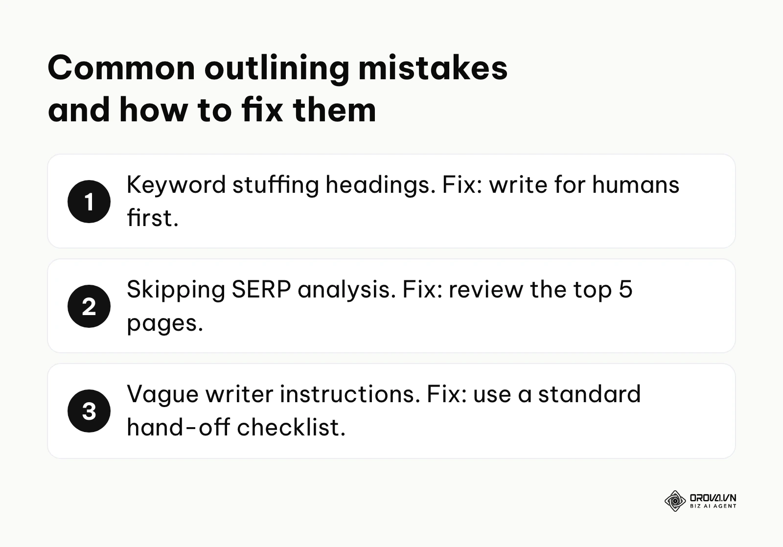 A numbered list detailing common mistakes in content outlining and their corresponding solutions