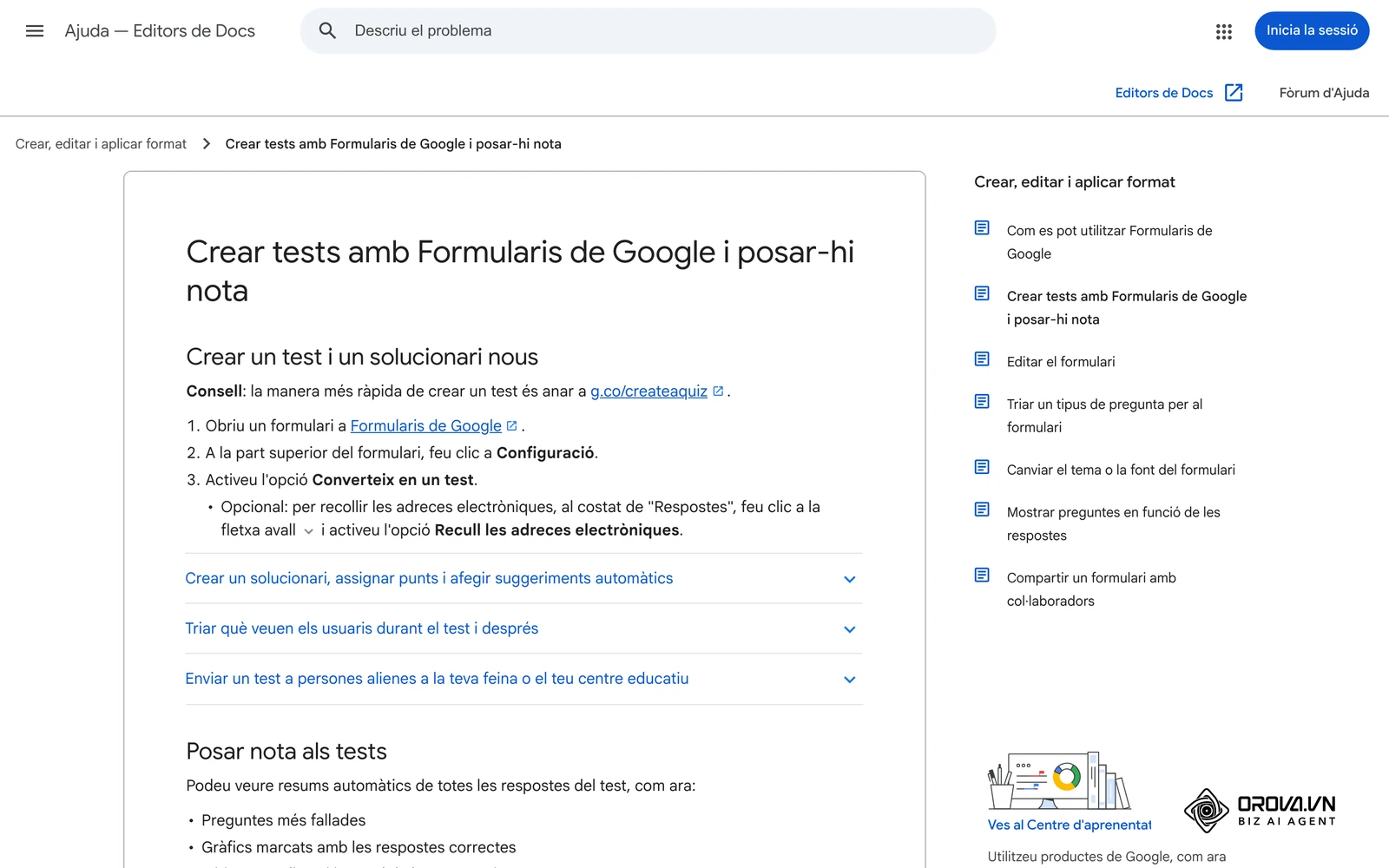 Pàgina d'ajuda oficial de Google Forms en català «Crear tests amb Formularis de Google i posar-hi nota»: Configuració i opció Converteix en un test.