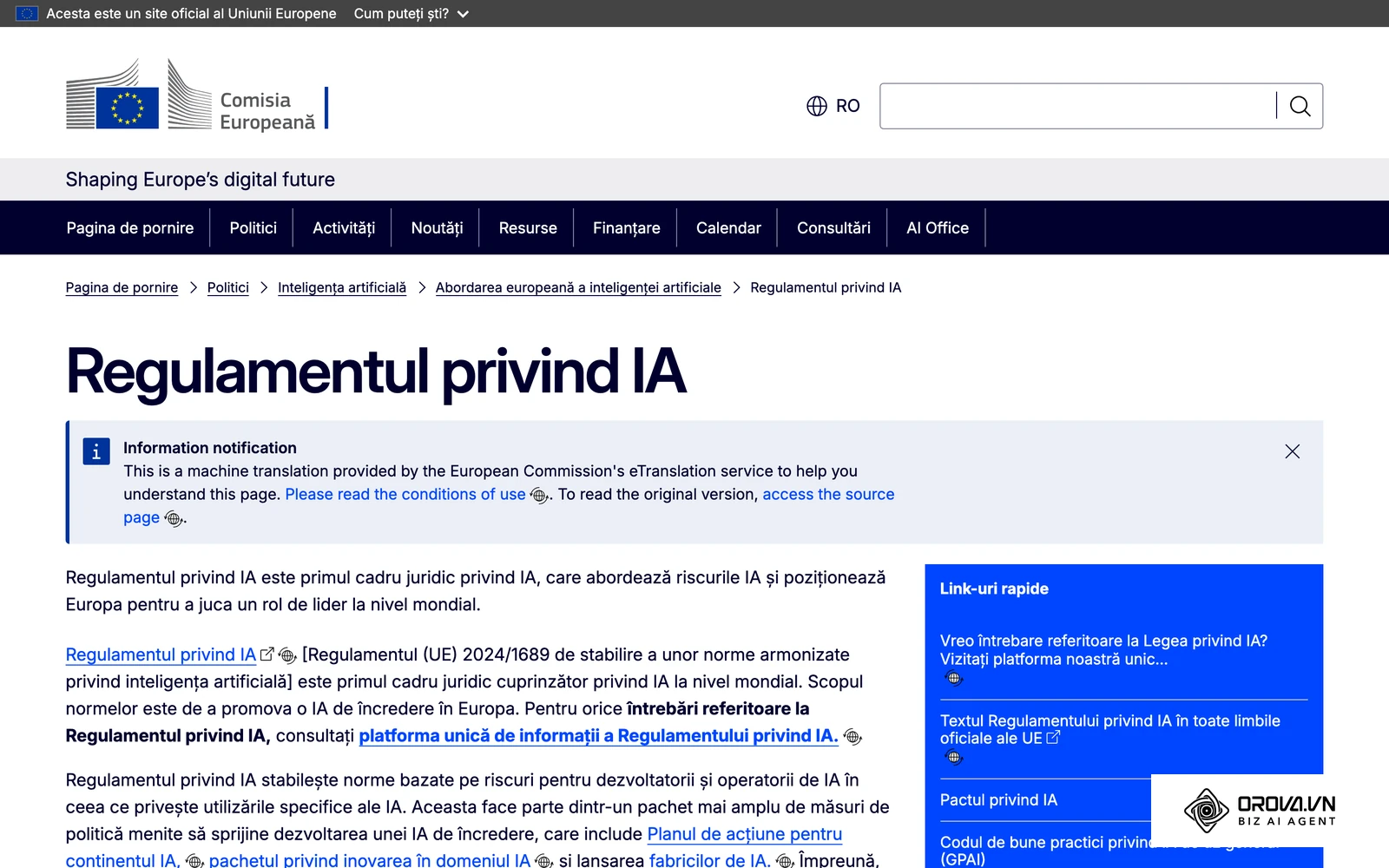 Pagina oficială a Uniunii Europene, în limba română, despre cadrul de reglementare a inteligenței artificiale (Regulamentul (UE) 2024/1689).
