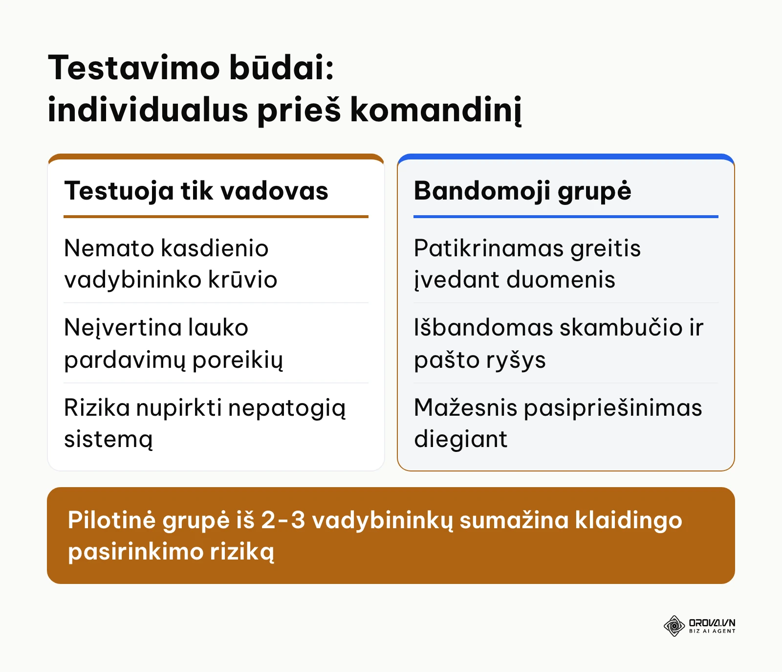 Palyginimas tarp CRM testavimo vienam vadovui ir su pilotine komanda