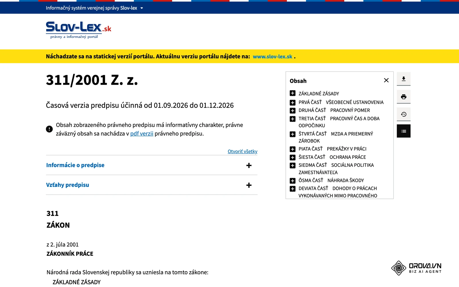 Úvodná stránka Zákonníka práce č. 311/2001 Z. z. na portáli Slov-lex s časovou verziou účinnou od 1. 9. 2026