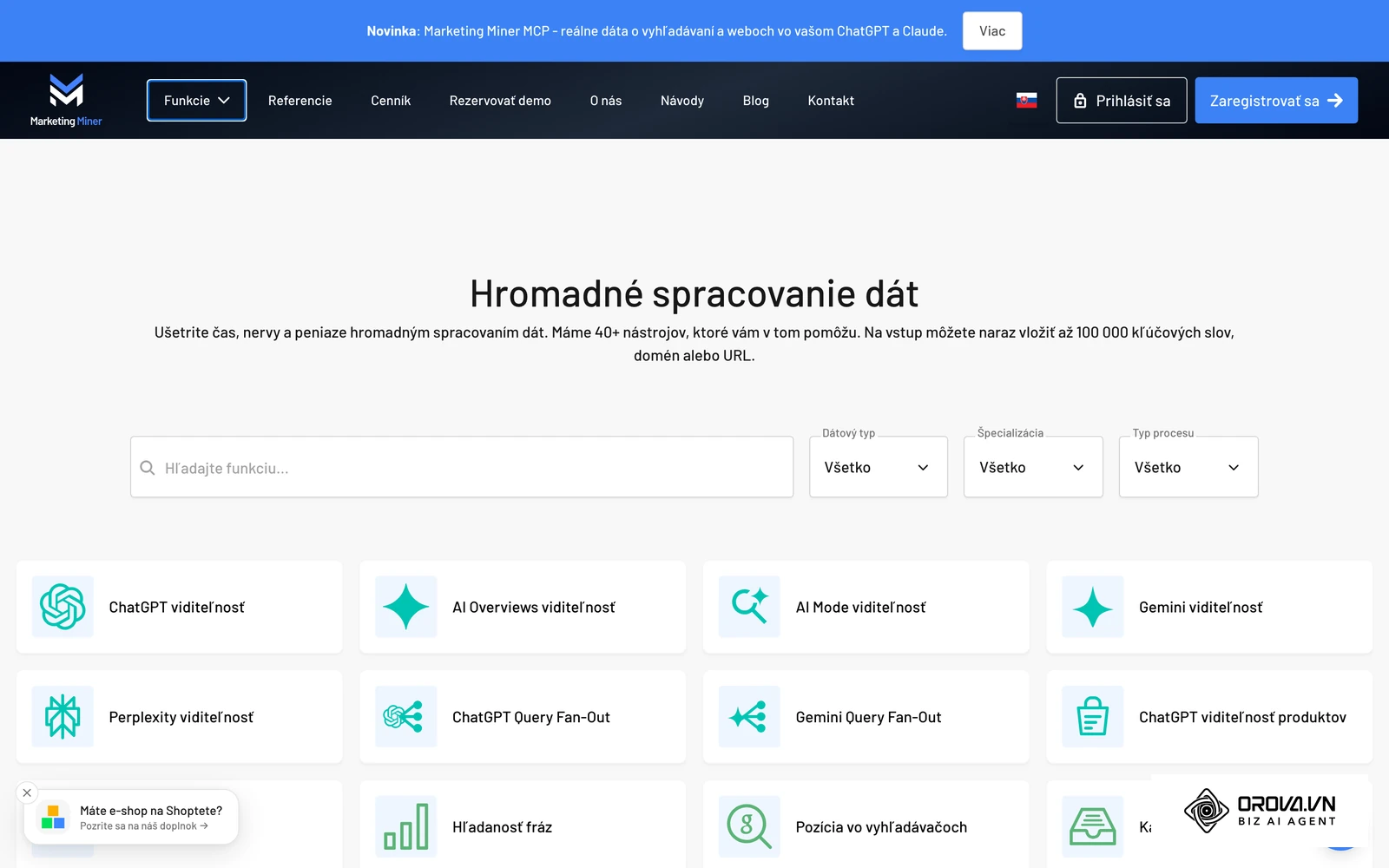 Prehľad hromadných nástrojov (minerov) platformy Marketing Miner na oficiálnom webe výrobcu.