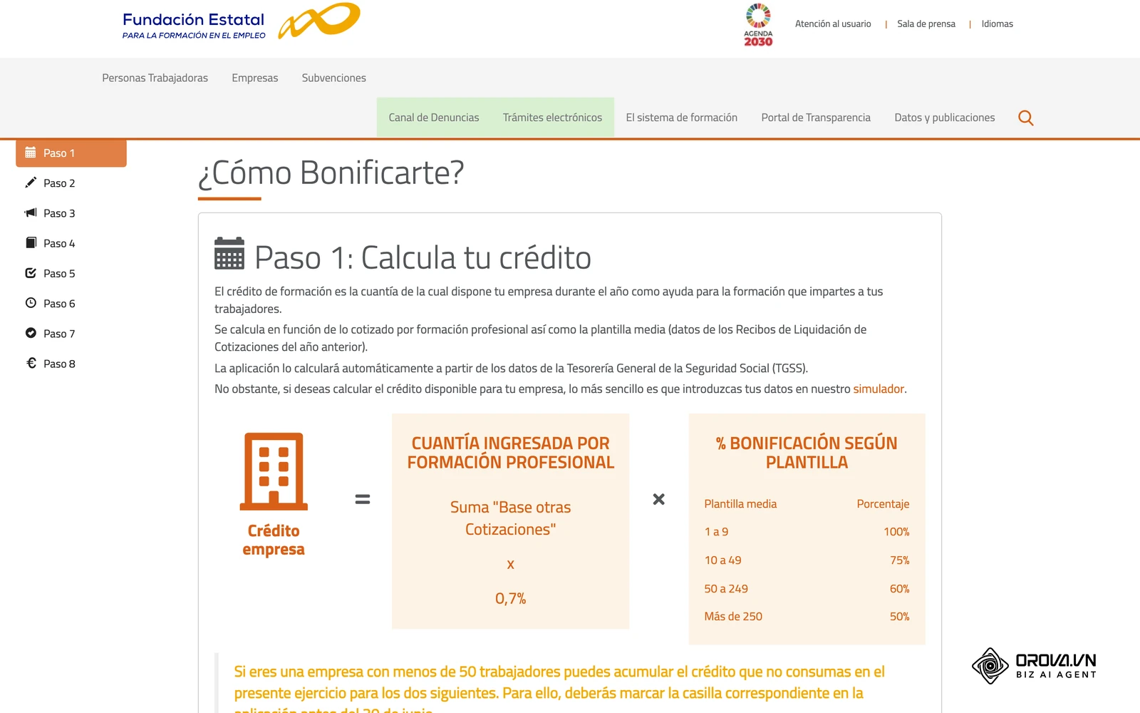 Pas 1 de la guia de FUNDAE: el crèdit és la quantia ingressada per formació professional multiplicada pel percentatge segons la plantilla mitjana.
