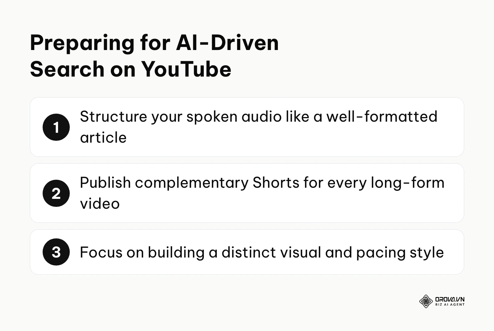 A numbered list summarizing three key actions to prepare for the future of AI-driven search on YouTube.