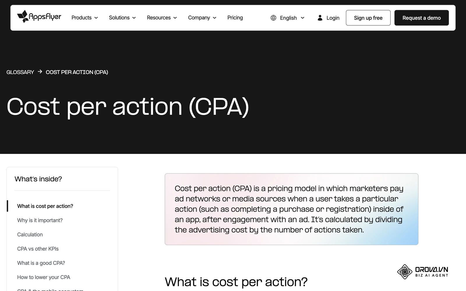 Giải thích chỉ số CPA trong bảng thuật ngữ của AppsFlyer.