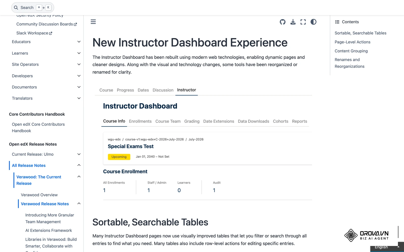 Bảng điều khiển giảng viên (Instructor Dashboard) thật của Open edX: thông tin khoá, số người ghi danh, và các thẻ Chấm điểm, Tải dữ liệu, Báo cáo.