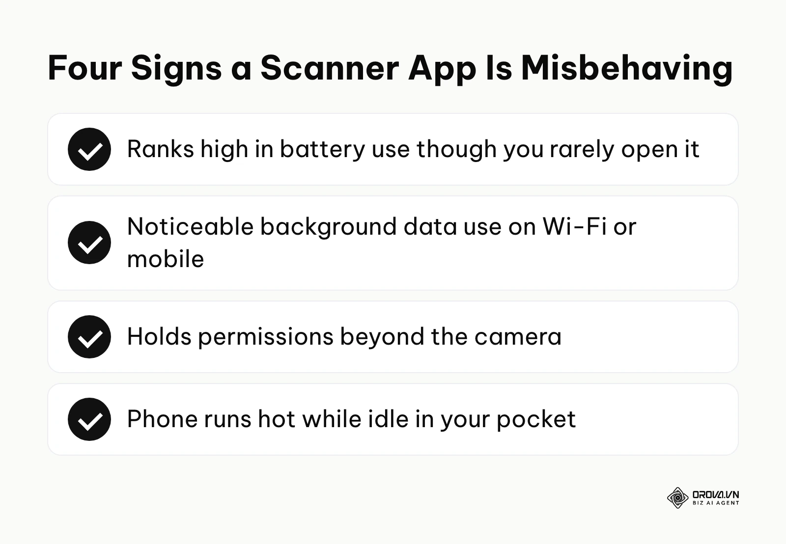 Checklist of four indicators that a QR scanner app may be compromising a phone.