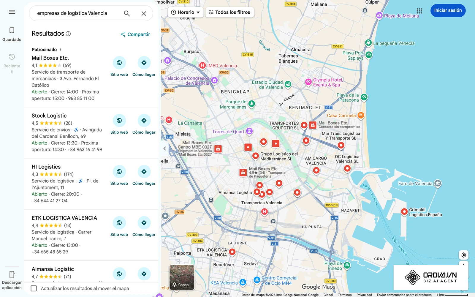 Búsqueda «empresas de logística Valencia» en Google Maps: cada ficha muestra nombre, web y teléfono, el punto de partida de una lista de prospección.