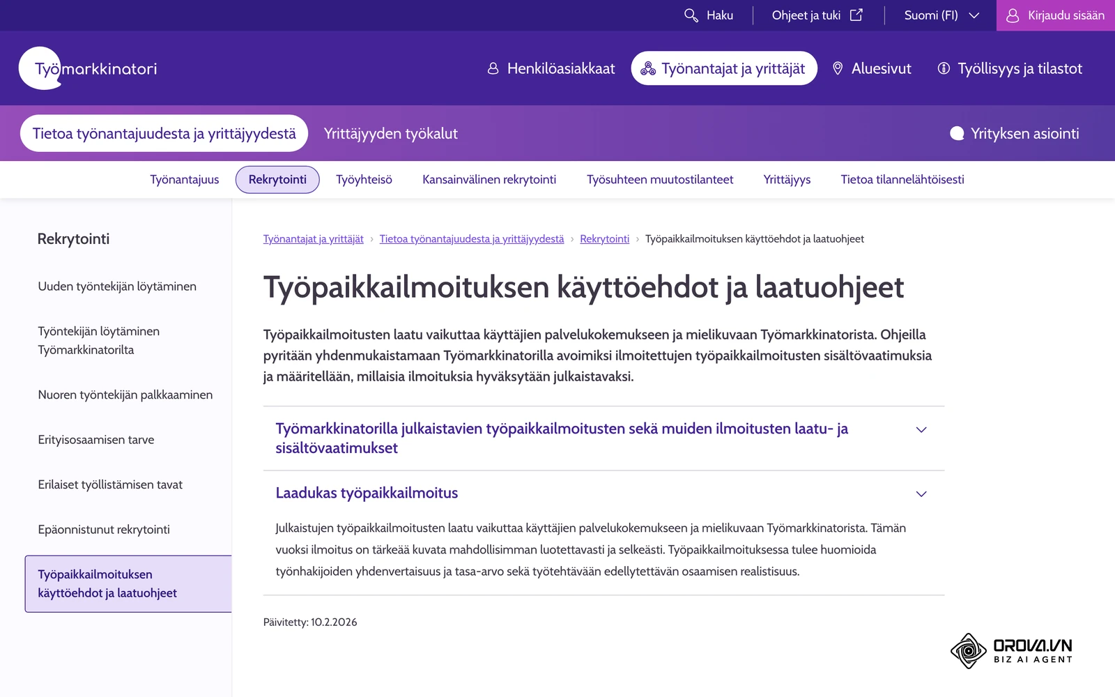 Työmarkkinatorin työpaikkailmoituksen käyttöehdot ja laatuohjeet: laatukriteerit, joiden mukaan ilmoituksia hyväksytään julkaistavaksi.