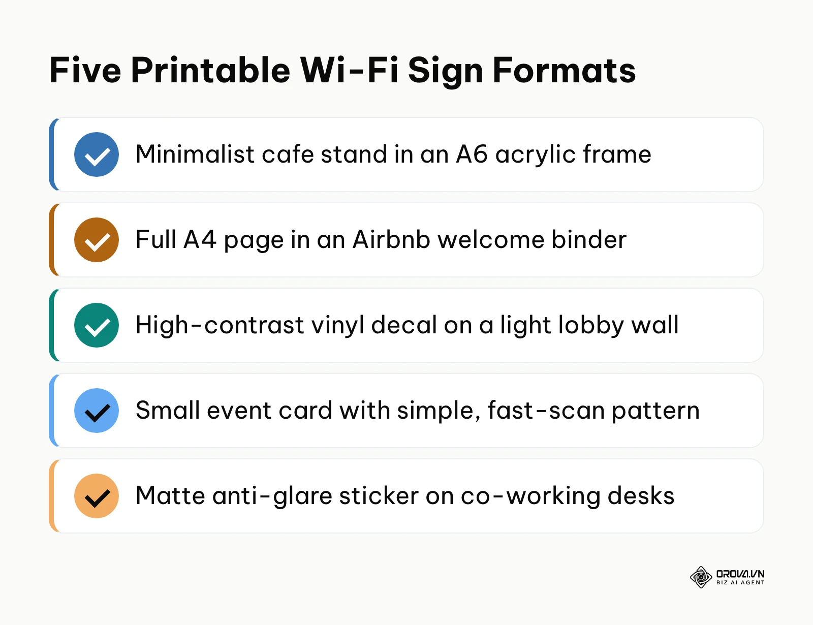 A list of five printable formats for sharing guest Wi-Fi by QR code in cafes, rentals, lobbies, events and co-working spaces.