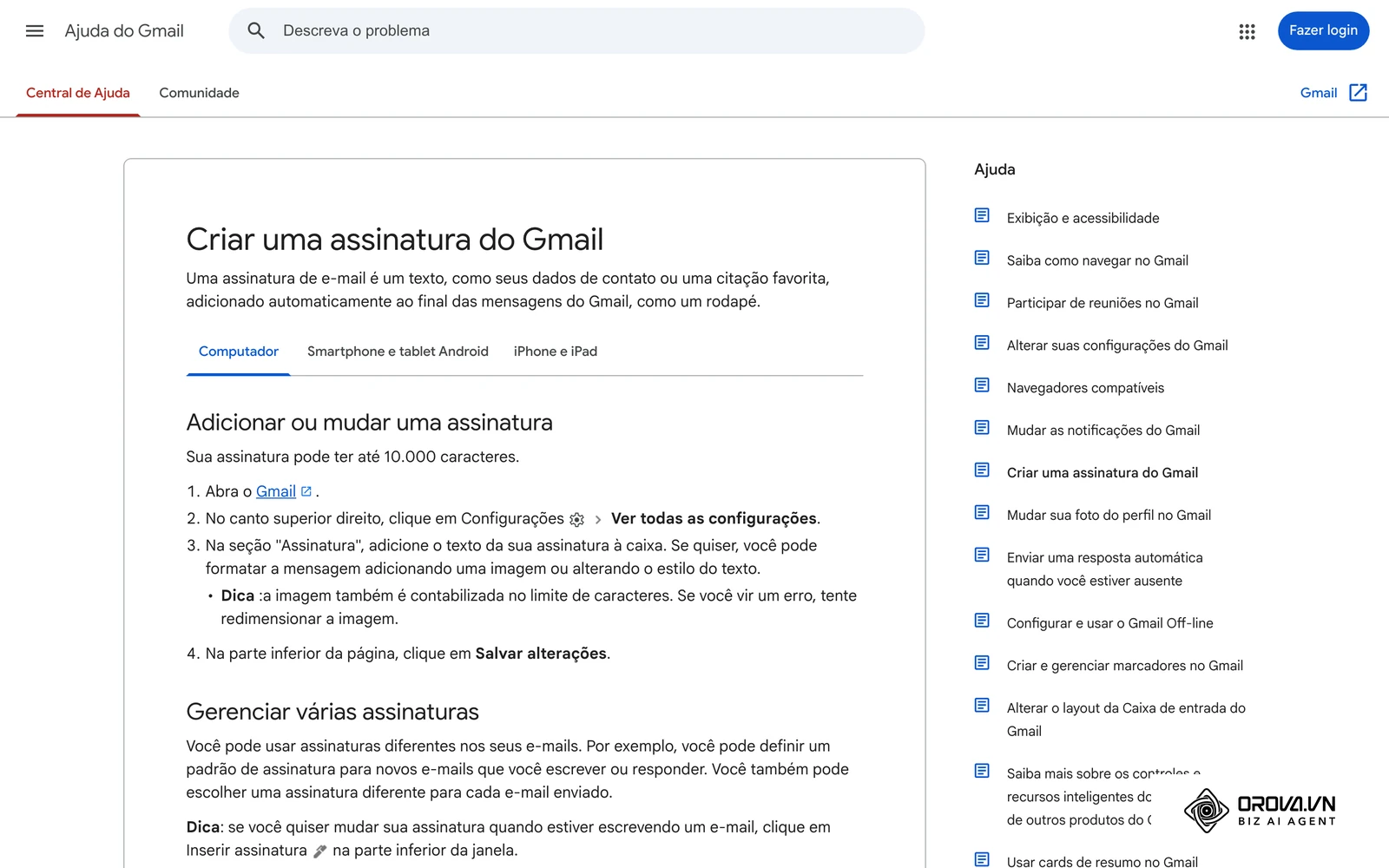 Página oficial de ajuda do Gmail em português: o que é uma assinatura de email e como criar uma.