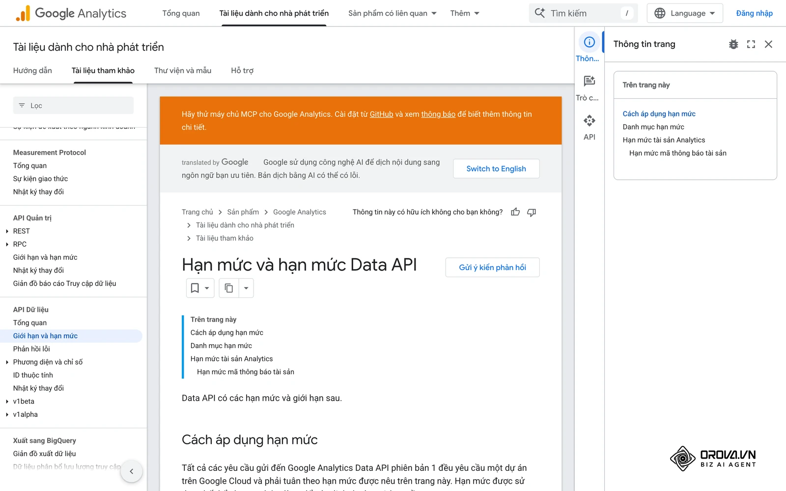 Trang đặc tả hạn mức token của Google Analytics Data API (GA4).