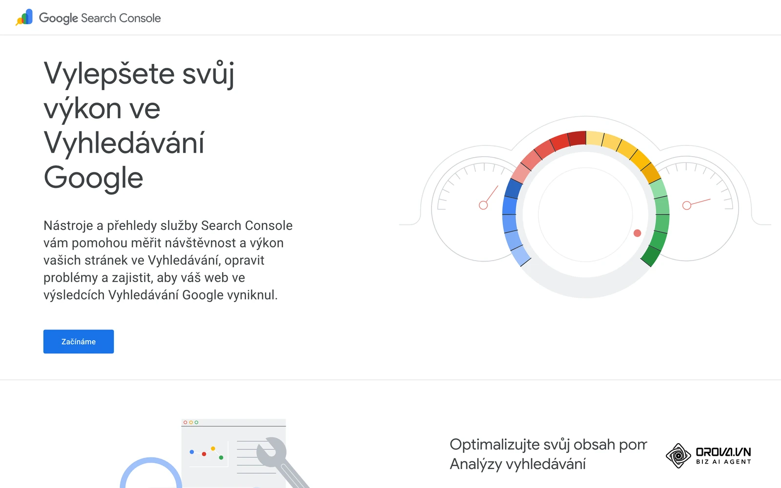 Oficiální stránka Google Search Console, nástroje pro sledování kliknutí, zobrazení, CTR a průměrné pozice webu.