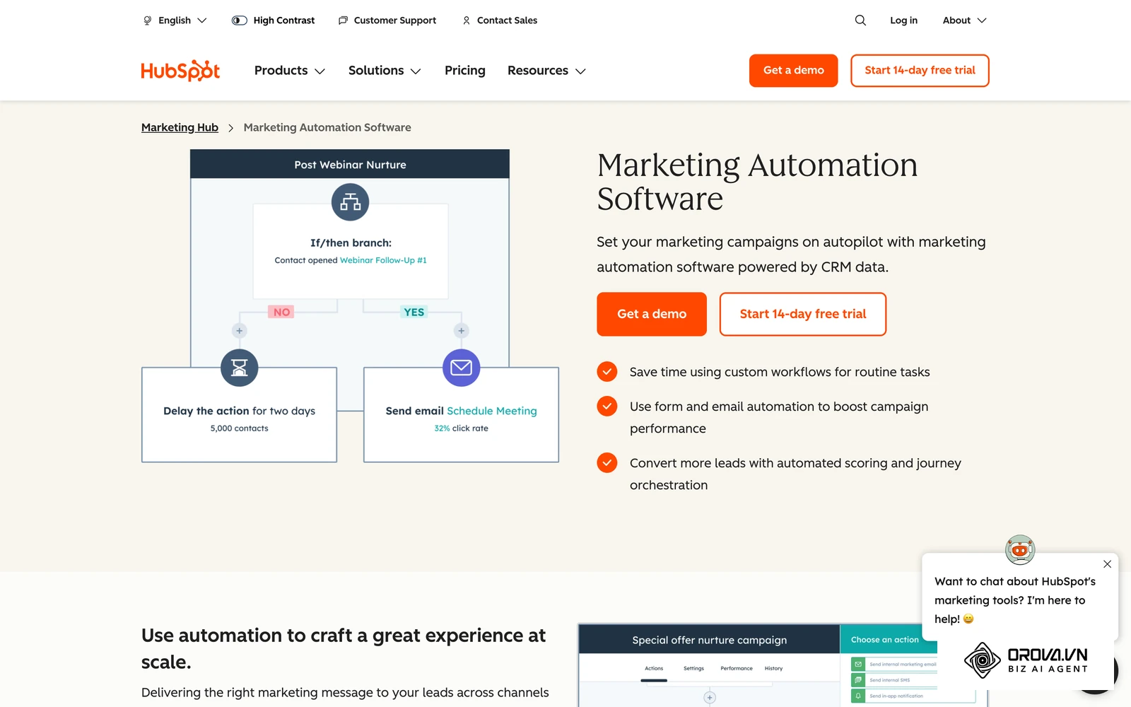 หน้าแนะนำเครื่องมือสร้างเวิร์กโฟลว์การตลาดอัตโนมัติของ HubSpot