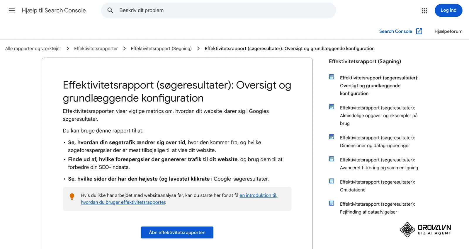 Googles danske hjælpeside Effektivitetsrapport (søgeresultater): Oversigt og grundlæggende konfiguration i Hjælp til Search Console