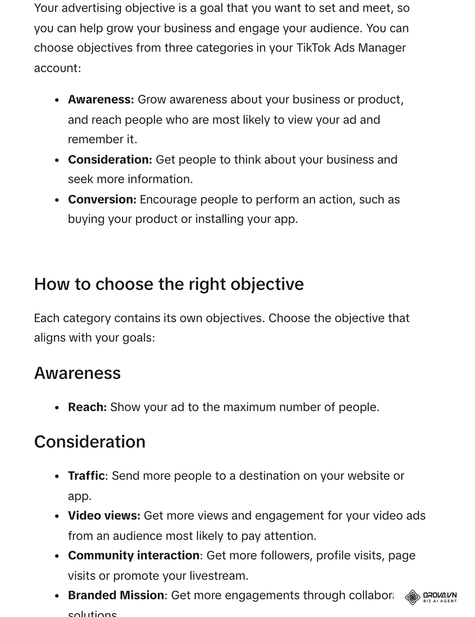 TikTok verslo pagalbos centras (anglų k.): „How to choose the right objective“ – trys tikslų kategorijos Awareness, Consideration ir Conversion.