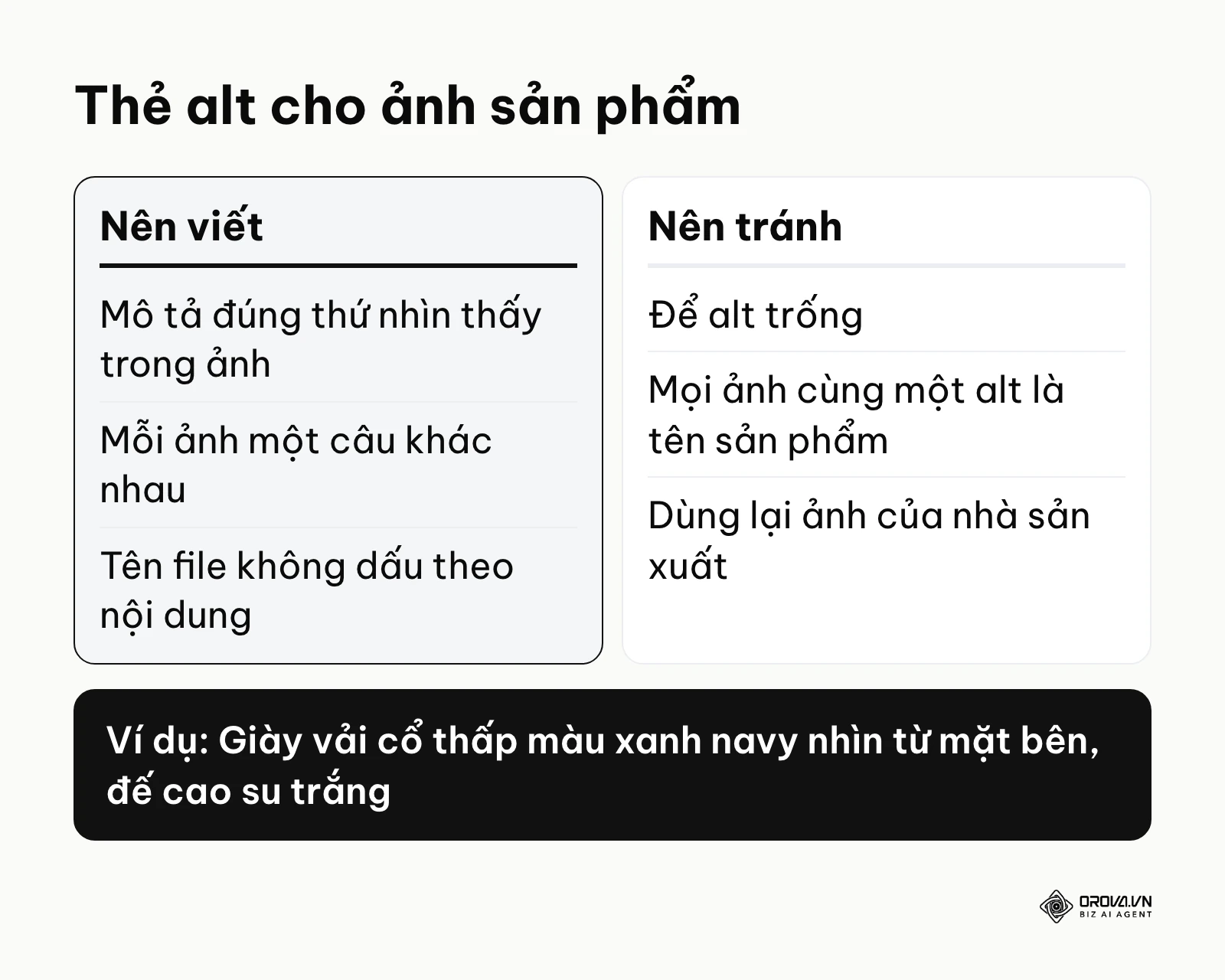 Bảng so sánh cách viết thẻ alt nên làm và nên tránh cho ảnh sản phẩm